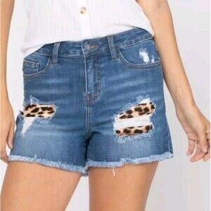 NEW Judy Blue Jean Shorts Sz S High Waisted, Distressed w/ Leopard Print Patches